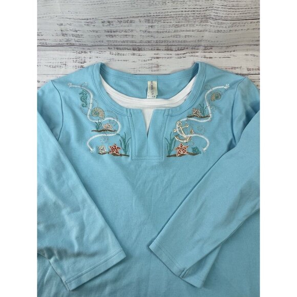 90s Morning Sun Sweatshirt L Nautical Seashell Coastal Blue Cottage - Picture 10 of 12